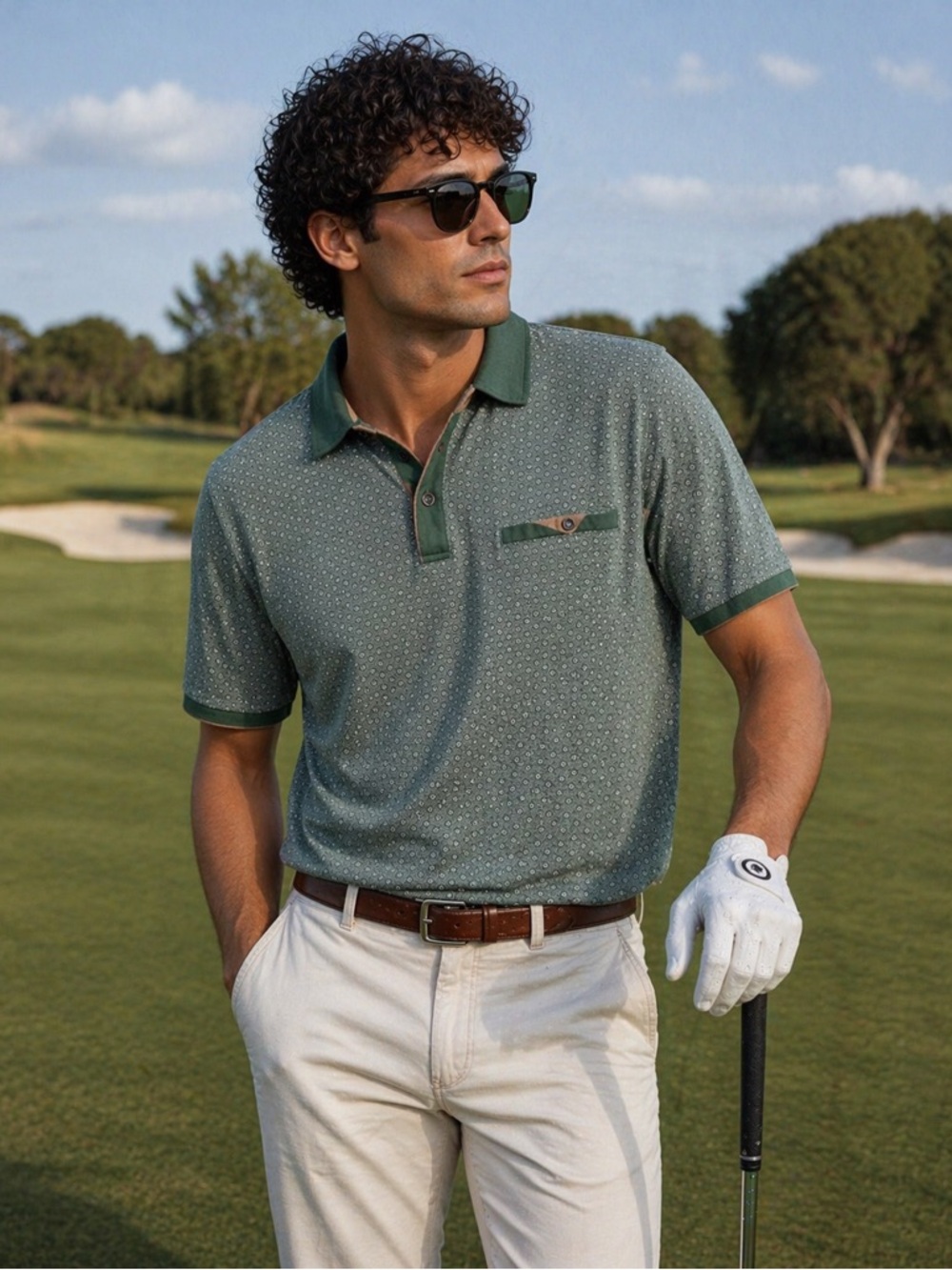 Men's Green Patterned Polo Shirt - Casual Short Sleeve